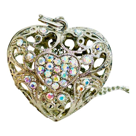 Filigree Open Work AB Sparkly Puffy Heart Silver Tone Pendant Necklace - Picture 3 of 4